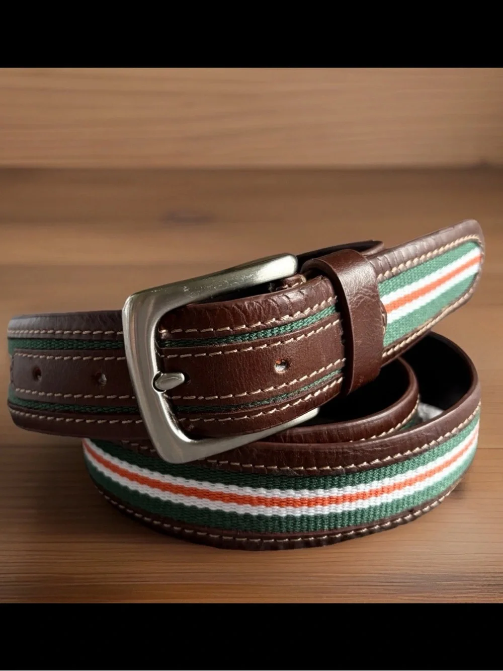 JACK MASON Belt Mens Size 42 University Miami Tailgate Leather Canvas Striped